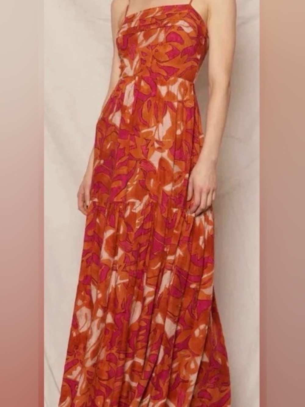 En Crème Spaghetti Strapped Back Smocked Print Maxi Dress in Burnt Orange: Large